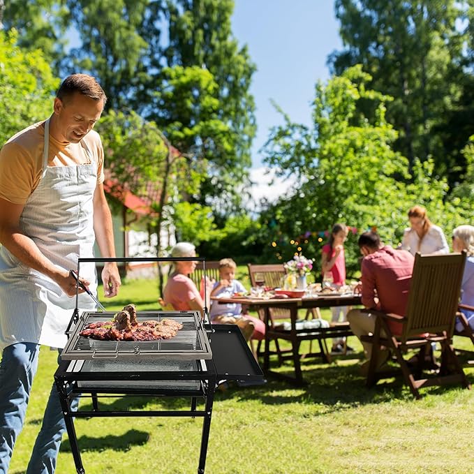 Flipping Charcoal Grill with Wheels, 360° Rotating BBQ Cooking Grid Stand-up Grills, Heavy Duty Square Outdoor Detachable Portable Grillfor Camping Garden Commercial Barbeque