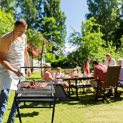 Flipping Charcoal Grill with Wheels, 360° Rotating BBQ Cooking Grid Stand-up Grills, Heavy Duty Square Outdoor Detachable Portable Grillfor Camping Garden Commercial Barbeque