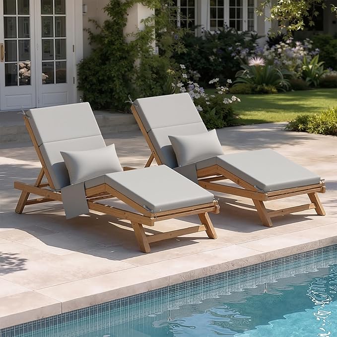 Crestlive Products Foldable Outdoor Chaise Lounge Cushions with Head Pillow and Side Pockets, Water Resistant & Fade Resistant Lounge Chair Cushion, 72''L x 21''W, Grey