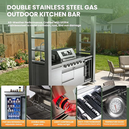97" Outdoor Kitchen Island,4-Burner Propane Grill Featuring Rotisserie Oven,Side Burner,Mini Wine Fridge,Galvanized Steel Roof,Granite Countertops & Sink – BBQ Grill 72,000 BTU Total.(Silver,Propane)