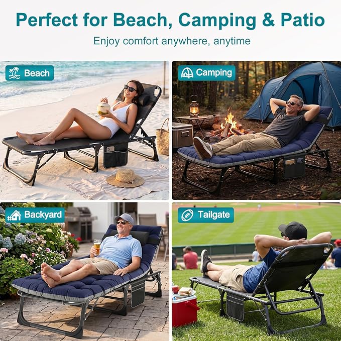 ABORON Heavy Duty Tanning Chair, 5-Gear Outdoor Folding Chaise Lounge Chair with Cushion,Portable Beach Lounge Chair for Outdoor Sunbathing Patio Pool Lawn Deck Poolside (Purplish Blue)