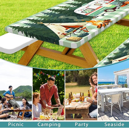 Picnic Table Cover with Bench Covers and Bag, Forest Rv Tent Campfire Checkered Camping Tablecloth Waterproof Windproof Oilproof Elastic Edges Fitted Tablecloths for Outdoor Garden 3PCS 30x72 Inch
