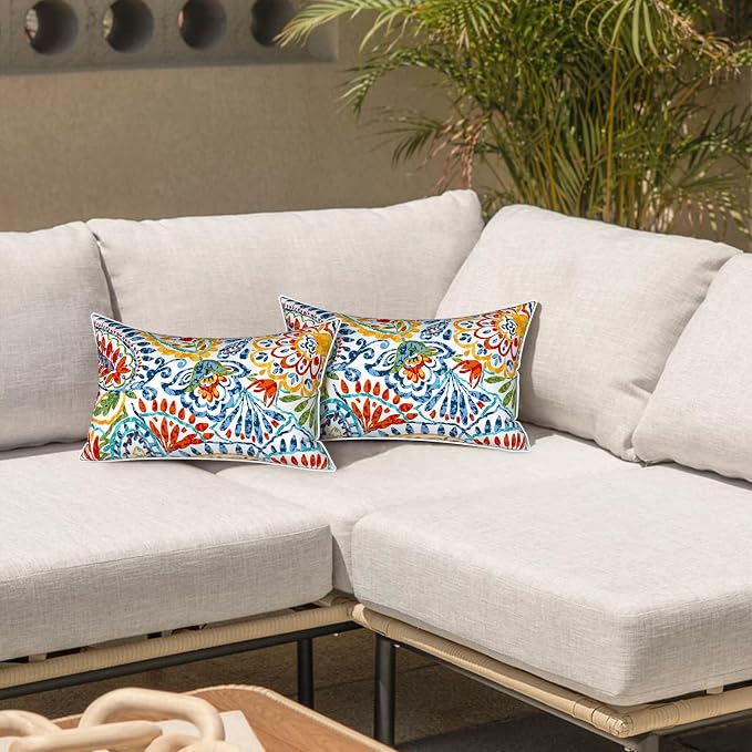 LVTXIII 2 Pack Outdoor Lumbar Pillow Covers 12x20 Inch with Piping, Water-Repellent Back Cushion Covers ONLY for Patio Furniture, Sofa, Garden Bench, Paisley Multi
