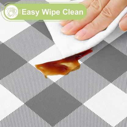Smiry Oval Table Cloth, Vinyl Tablecloths with Flannel Backing, 60"x84" | Waterproof Picnic Table Cloth, Wipeable Buffalo Plaid Table Cover for Indoor and Outdoor (Grey & White)