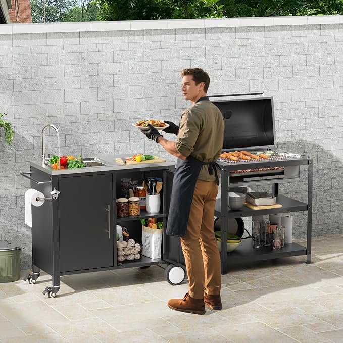 KEIKI Outdoor Grill Table with Sink, Grill Cart with 304 Stainless Steel Sink and Cabinet, Outdoor Cart Station with Wheels, L38 x W18 x H35