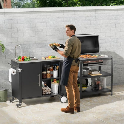 KEIKI Outdoor Grill Table with Sink, Grill Cart with 304 Stainless Steel Sink and Cabinet, Outdoor Cart Station with Wheels, L38 x W18 x H35