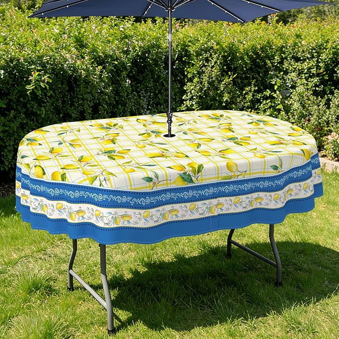 Outdoor Tablecloth with Umbrella Hole Elegant Zipper Patio Table Cloth for Outdoor Patio Garden Yard Decor