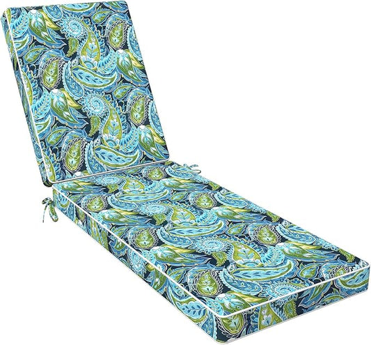 LVTXIII Outdoor Chaise Lounge Cushion 72x21x3 Inch, Water-Repellent Patio Seat Cushion with Ties & Hidden Zipper, Thick Foam Pad for Lawn Chair, Poolside, Patio Furniture, Paisley Lapis Green
