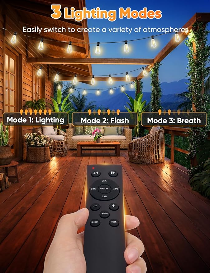 Brightever 180FT LED Outdoor String Lights, Dimmable Patio Lights with Remote Control, 56 Shatterproof ST38 Edison Bulbs, 3 Lighting Modes, 3H/5H Timer, Outdoor Hanging Light for Pool，Fence, Garden