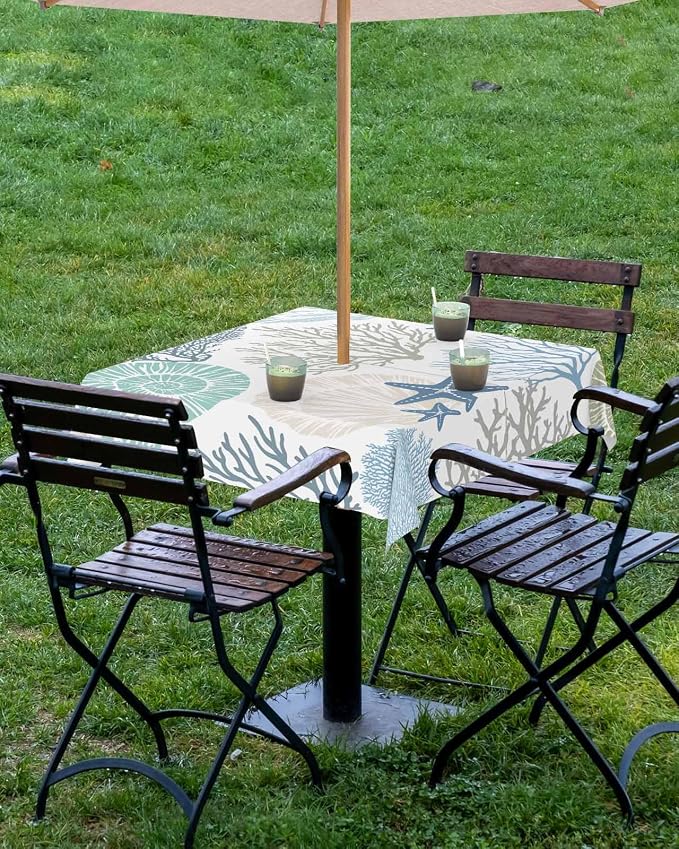 Coastal Outdoor Tablecloth - 54x54 Inch Square Dining Table Cover, Blue Teal Coral Summer Beach Ocean Starfish Waterproof Outdoor Table Cloth with Umbrella Hole & Zipper for Picnic/Patio/Party