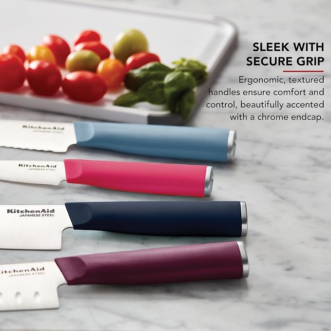 KitchenAid 4-Piece Chef Knife Set with Blade Covers, 6-Inch Chef Knife, 5-Inch Santoku, 5.5-Inch Serrated Utility, 3.5-Inch Paring Japanese Steel, Assorted Colors