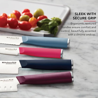 KitchenAid 4-Piece Chef Knife Set with Blade Covers, 6-Inch Chef Knife, 5-Inch Santoku, 5.5-Inch Serrated Utility, 3.5-Inch Paring Japanese Steel, Assorted Colors