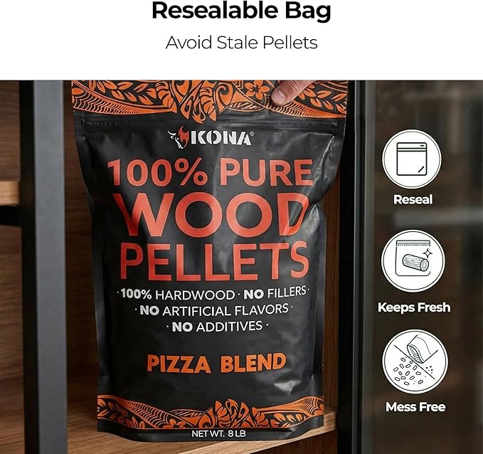 Kona Pizza Blend Wood Smoker Pellets, Intended for Ninja Woodfire Pizza Ovens, 100% Natural Hardwood - Rich Smoky Flavor - Ideal for Pizza Ovens, Smokers, and Smoker Tubes - 8 Pounds
