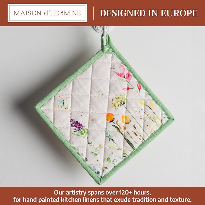 Maison d' Hermine Pot Holders 100% Cotton Heat Resistant Potholders 8" x 8" Hot Pads with Loop BBQ Cooking Baking Hotel Farmhouse Kitchen Handling Hot Pans Spring Summer(Pack of 1, Botanical Fresh)