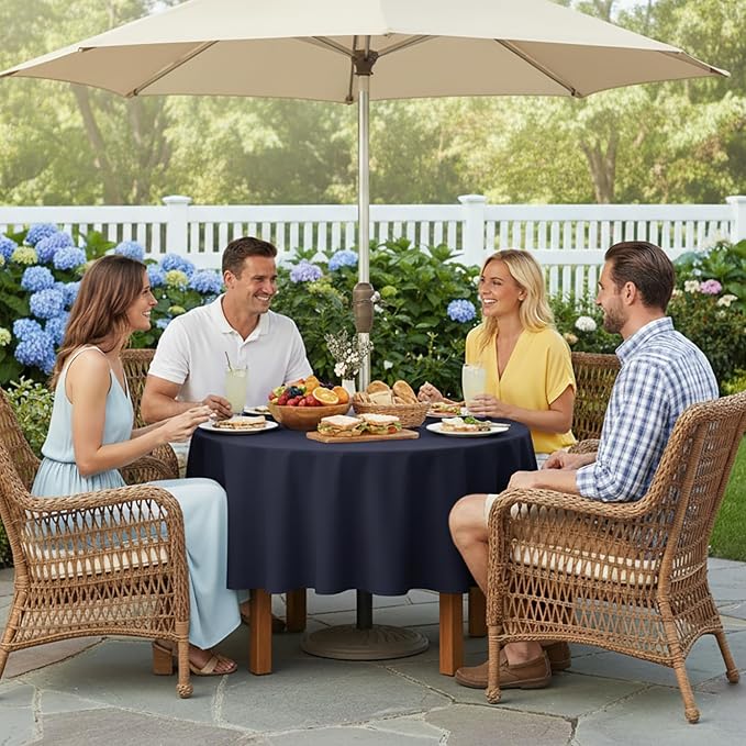 LUSHVIDA Round Outdoor Tablecloth with Umbrella Hole and Zipper, 70 Inch Navy, Washable Waterproof Table Cloth Spill Proof Wrinkle Free Table Cover for Patio Spring Summer Picnic BBQS