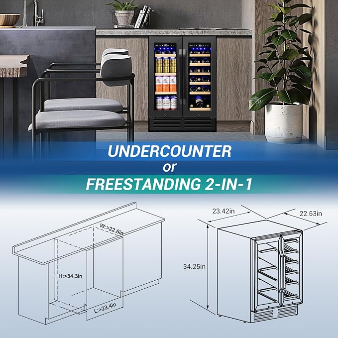 Velivi 24" Black Dual Zone Wine & Beverage Refrigerator | Under Counter Built-In or Freestanding | 18 Bottles & 68 Cans | Glass Door with Lock Large Capacity for Beer Wine Soda Drinks