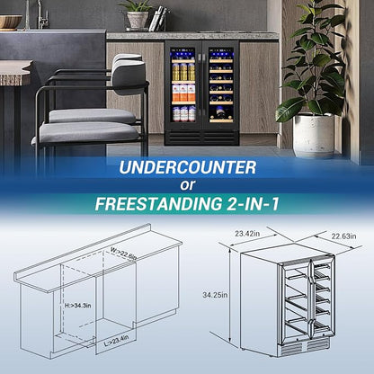 Velivi 24" Black Dual Zone Wine & Beverage Refrigerator | Under Counter Built-In or Freestanding | 18 Bottles & 68 Cans | Glass Door with Lock Large Capacity for Beer Wine Soda Drinks