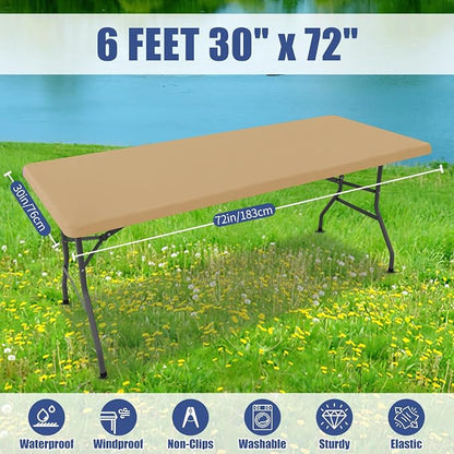 Moosfor 2 Pack Rectangle Spandex Fitted Table Cloth, 6FT Elastic Tablecloth | Washable Picnic Table Cover, Stretch Waterproof Table cloths for Party, Patio, Dining, Kitchen, 30" x 72", Dark Khaki