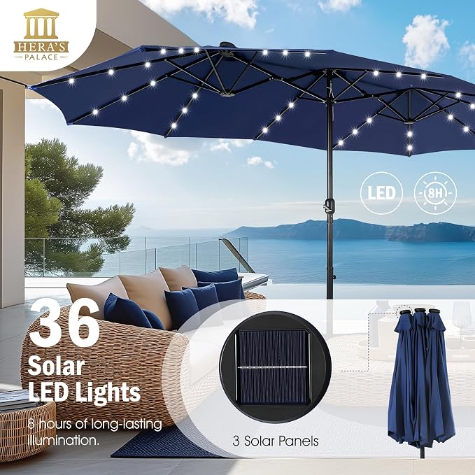 15ft Patio Umbrella with Solar lights & Base, Large Umbrellas, Navy Blue | HERA'S PALACE Rectangle Double Market Umbrella with 36 LED Lights, Big Outdoor Umbrellas for Pool Picnic Inground Yard Deck