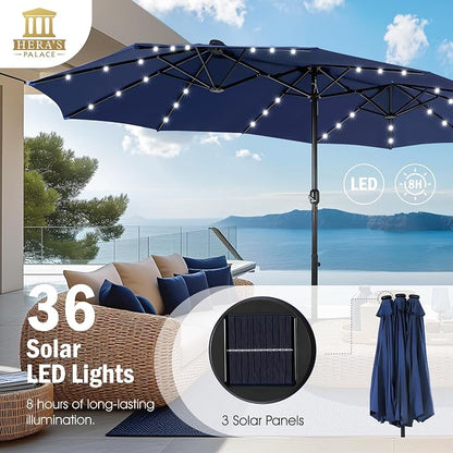 15ft Patio Umbrella with Solar lights & Base, Large Umbrellas, Navy Blue | HERA'S PALACE Rectangle Double Market Umbrella with 36 LED Lights, Big Outdoor Umbrellas for Pool Picnic Inground Yard Deck
