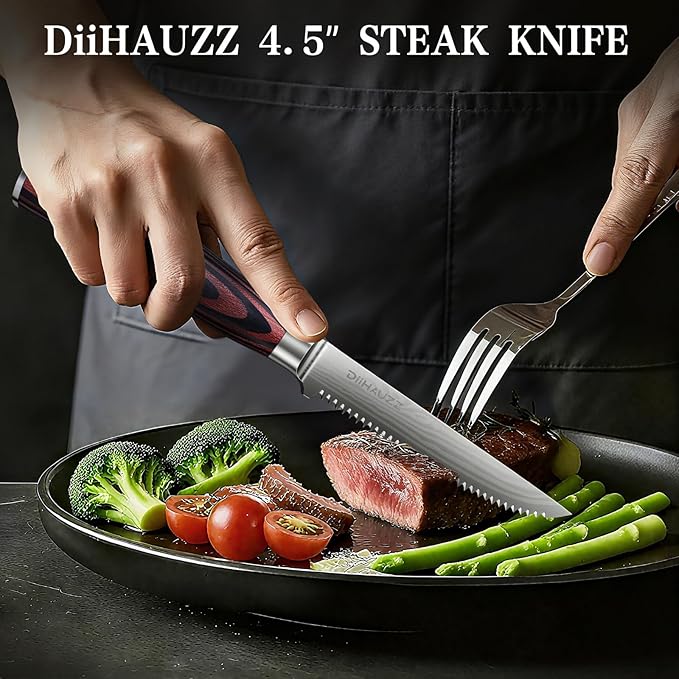 DiiHAUZZ Steak Knives Set of 6, Serrated Steak Knife Set 4.5 Inch, Ultra Sharp Forged High Carbon Stainless Steel Dinner Knife with Ergonomic Pakkawood Handle, Damascus Pattern and Gift Box