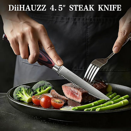 DiiHAUZZ Steak Knives Set of 6, Serrated Steak Knife Set 4.5 Inch, Ultra Sharp Forged High Carbon Stainless Steel Dinner Knife with Ergonomic Pakkawood Handle, Damascus Pattern and Gift Box