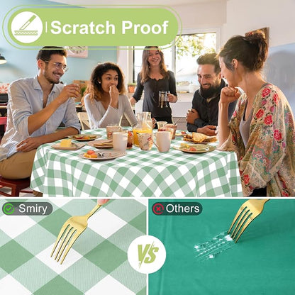 Smiry Oval Table Cloth, Vinyl Tablecloths with Flannel Backing, 60"x102" | Waterproof Picnic Table Cloth, Wipeable Buffalo Plaid Table Cover for Indoor and Outdoor (Sage Green & White)