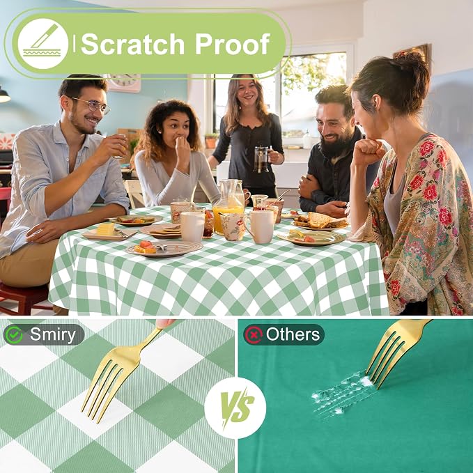 Smiry Oval Table Cloth, Vinyl Tablecloths with Flannel Backing, 60"x84" | Waterproof Picnic Table Cloth, Wipeable Buffalo Plaid Table Cover for Indoor and Outdoor (Sage Green & White)