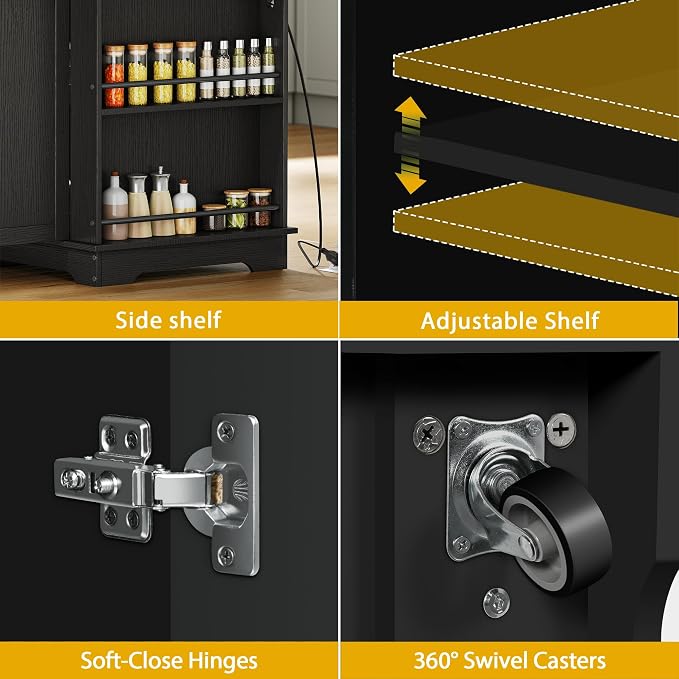 DWVO Kitchen Island w Stainless Steel Top Drop Leaf Bar Seating Power Outlet, 60" Large Rolling Mobile Center Islands w Folding Dropleaf Storage Drawer Cabinet Wheel Counter Height Metal Top, Black