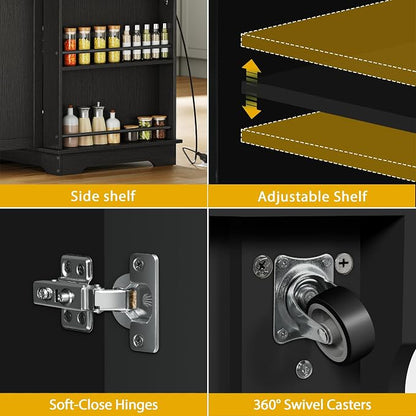DWVO Kitchen Island w Stainless Steel Top Drop Leaf Bar Seating Power Outlet, 60" Large Rolling Mobile Center Islands w Folding Dropleaf Storage Drawer Cabinet Wheel Counter Height Metal Top, Black