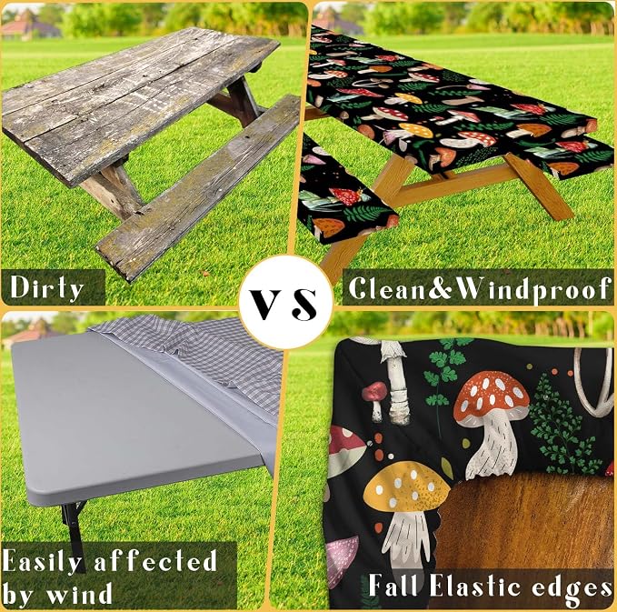 JAWO Black Picnic Table Cover with Bench Covers Elastic Edges Camping RV Essentials Waterproof Windproof Outdoor Fitted Tablecloth Rectangle Camping Tables and Seats, 30x96in