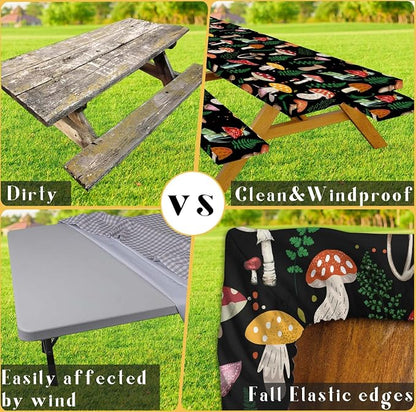 JAWO Black Picnic Table Cover with Bench Covers Elastic Edges Camping RV Essentials Waterproof Windproof Outdoor Fitted Tablecloth Rectangle Camping Tables and Seats, 30x96in