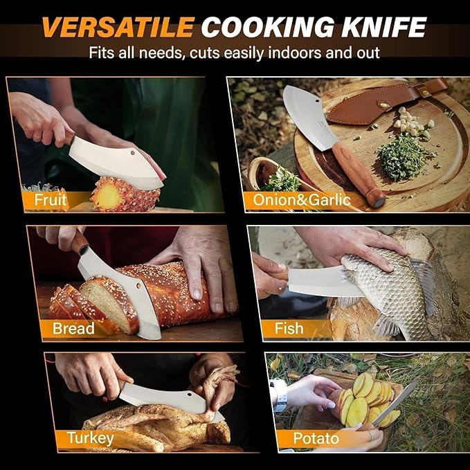 MEN WITH THE POT Meat Cleaver Knife, Hand Forged Ultra Sharp Stainless Steel Butcher Knife with Sheath, Multipurpose Chef Knife for Kitchen Outdoor Cooking Camping BBQ, Gift for Man Women