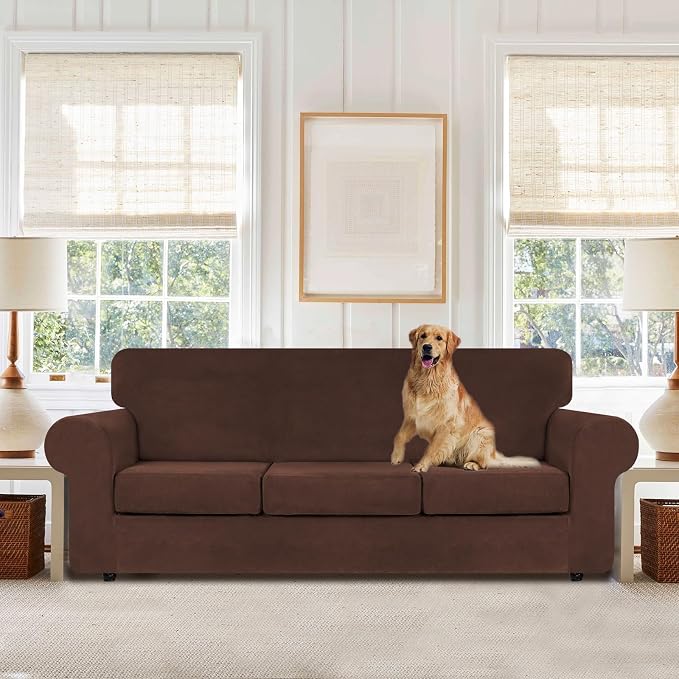 WEERRW 4 Pieces Couch Cover for Sofa Velvet Sofa Covers Washable, Chocolate | Sofa Covers for 3 Cushion Couch Furniture Protector Sofa Slipcovers with Non Slip Elastic Bottom, Pet Friendly, Large