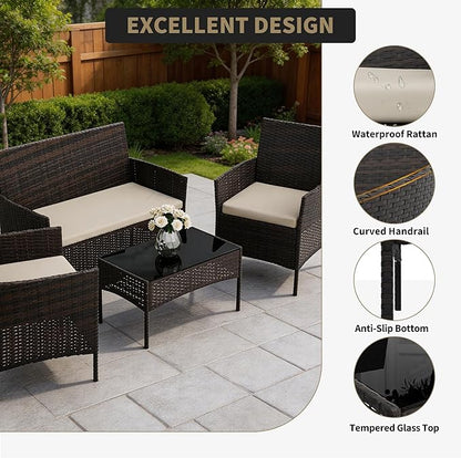 4-Piece Patio Furniture Set, Outdoor Wicker Conversation Set with Tempered Glass Coffee Table, Heavy Duty PE Rattan Sectional Sofa & Washable Cushions for Backyard, Deck, Poolside (Black Rattan/Beige)
