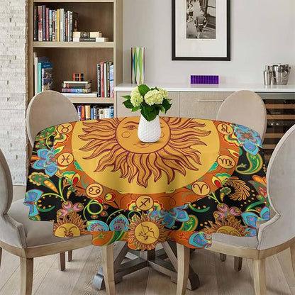 Vintage Boho Sun Round Tablecloth Wildflower Floral Bohemian Hippie Sun Table Cloth Water Resistant Wipeable Table Cover for Farmhouse Picnic Party Holiday Kitchen Dinner Table 60"
