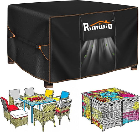 Patio Furniture Set Cover Waterproof, Square Outdoor Table and Chair Set Covers, Heavy Duty Outside Weatherproof Garden Rattan Set Covers 60" L x 60" W x 28" H Black