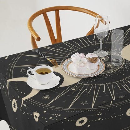 Vintage Moon Sun Tablecloth Moon Phase Star Galaxy Zodiac Signs Moonlight Table Cloth Water Resistant Wipeable Table Cover for Farmhouse Picnic Party Holiday Kitchen Dinner Table 60"x90"