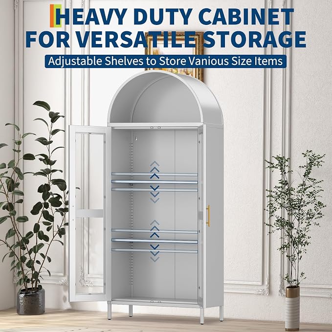 PioneerWorks 73" Arched Metal Storage Cabinet with Glass Door | 2 Adjustable Shelves | Arch-Top Storage Unit for Pantry, Living & Dining Rooms - White with Legs