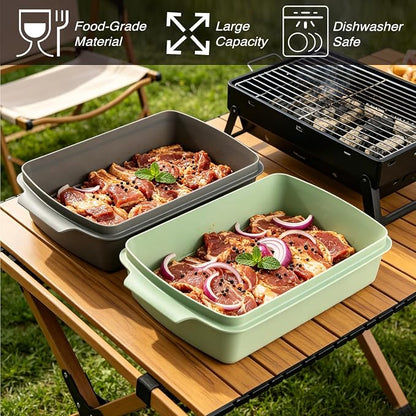 Sunmei Grill Prep and Serving Trays, 3-in-1 Stackable BBQ Food Tray, 5PCS BBQ Serving Set with Marinating Container, Serving Platter, Cutting Board and 2PCS Colored 12-Inch Grill Tongs (Gray)