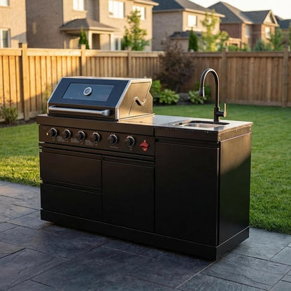 65.4 Inch Outdoor Kitchen Island, 4-Burner 72000 BTU Propane Stainless Steel BBQ with Side/Rear Burners, Outdoor Kitchen Bar Barbecue Island Grill,Marble Countertops,For Backyard BBQ