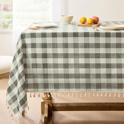 Softalker Checkered Tablecloth Rectangle, Outdoor Linen Cotton Gingham Table Cloth with Tassel, Heavy Duty Wrinkle Free Buffalo Plaid Table Cover for Kitchen Dining Home Party - 55 x 102 Inch, Coffee