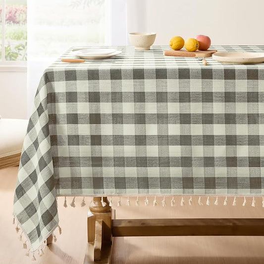 Softalker Checkered Tablecloth Rectangle, Outdoor Linen Cotton Gingham Table Cloth with Tassel, Heavy Duty Wrinkle Free Buffalo Plaid Table Cover for Kitchen Dining Home Party - 55 x 120 Inch, Coffee