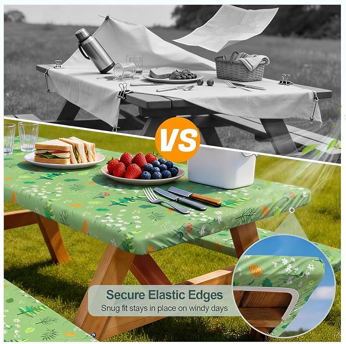 Picnic Table Cover Bench Covers Camping Essentials Tablecloth | Waterproof Vinyl for Outdoor, Windproof Elastic Fitted Edges, RV BBQ Accessories Must Haves, Storage Bag Included