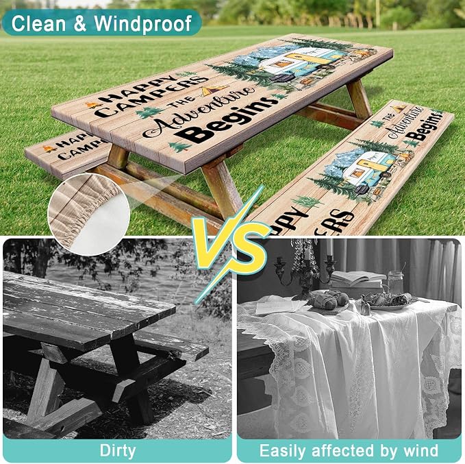 Picnic Table Cover with Bench Covers, Wooden Forest Mountain Camper Waterproof Windproof, Fitted Tablecloth Cover with Elastic Edge, for Indoor & Outdoor, Garden, Camping, 3 PCS 30x96 Inch