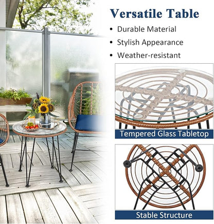 Tangkula 3 Pieces Patio Conversation Bistro Set, Outdoor Wicker Furniture w/Round Tempered Glass Top Table & 2 Rattan Armchairs, Bistro Chat Set w/Seat Cushions for Porch, Backyard, Garden