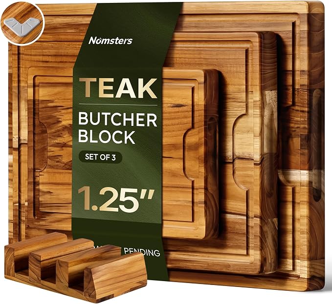 3-Piece Teak Cutting Board Set, Butcher Blocks with Juice Groove | Thick Cutting Board for Meat and Brisket, End Grain Cutting Board for Kitchen, Wooden Cutting Board for Carving