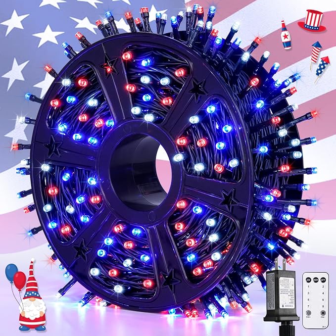 JMEXSUSS 500 LED Red White and Blue Lights 4th of July Decorations Plug in | 173ft 8 Modes 4th of July Lights Outdoor, Waterproof Patriotic String Lights for Memorial Day Independence Day Decor