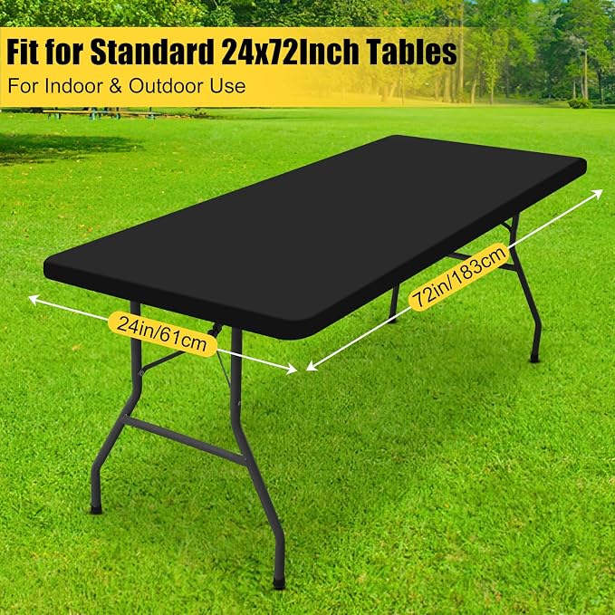 Smiry Rectangle Tablecloth, Elastic Fitted Flannel Backed Vinyl Tablecloths for 6ft Folding Tables, Waterproof Wipeable Table Covers for Indoor, Outdoor, Camping and Picnic (Black, 24"x72")