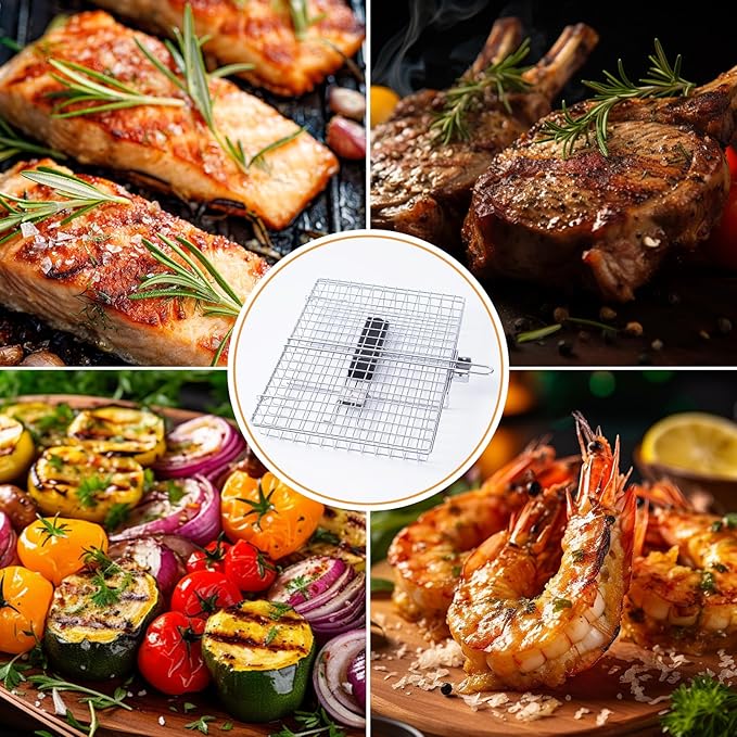 Fish Grill Basket, Folding Stainless Steel Fish Grilling Rack for Grill, Outdoor Camping BBQ Grilling Basket for Fish, Shrimp, Vegetables, Steak & Meat, with Portable Removable Handle, and Carry Bag, Gifts for Men,Dad, Husband